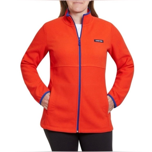 Land's End Long Sleeve Full Zip Grid Fleece Jacket Daylily Orange Womens Large - Picture 1 of 12
